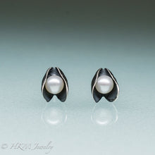 Load image into Gallery viewer, Mussel Pearl Stud Earrings - Oxidized Silver Seashell Studs