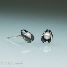 Load image into Gallery viewer, Mussel Pearl Stud Earrings - Oxidized Silver Seashell Studs