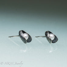 Load image into Gallery viewer, Mussel Pearl Stud Earrings - Oxidized Silver Seashell Studs