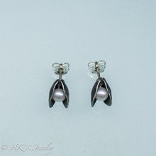 Load image into Gallery viewer, Mussel Pearl Stud Earrings - Oxidized Silver Seashell Studs