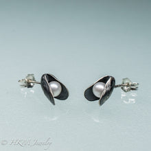 Load image into Gallery viewer, Mussel Pearl Stud Earrings - Oxidized Silver Seashell Studs