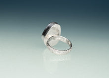 Load image into Gallery viewer, backside of olive green sea glass ring with scale patterned ring band by hkm jewelry