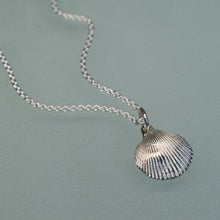 Load image into Gallery viewer, A silver chain necklace with a textured, ribbed seashell pendant, displayed on a muted sage green background.