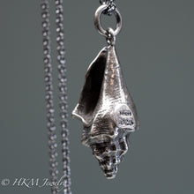 Load image into Gallery viewer, close up of side view of hallmark .925 and HKM makers mark stamp on queen conch necklace in oxidized silver by hkm jewelry