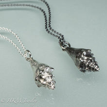 Load image into Gallery viewer, close up view of juvenile queen conch necklace in oxidized and polished silver by hkm jewelry