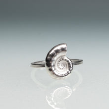 Load image into Gallery viewer, front view of cast sterling silver rams horn squid spirula shell spiral ring by hali maclaren of hkm jewelry