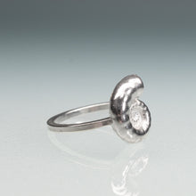 Load image into Gallery viewer, side detail of cast sterling silver rams horn squid spirula shell spiral ring by hali maclaren of hkm jewelry