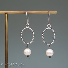 Load image into Gallery viewer, oxidized sterling silver rope pearl hoop earrings with freshwater pearls by hkm jewelry