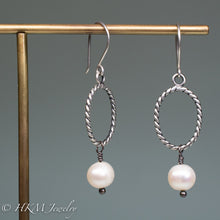 Load image into Gallery viewer, oxidized sterling silver rope pearl hoop earrings with freshwater pearls by hkm jewelry