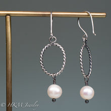Load image into Gallery viewer, oxidized sterling silver rope pearl hoop earrings with freshwater pearls by hkm jewelry