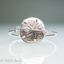 Load image into Gallery viewer, molded and cast real sand dollar cuff bracelet in recycled sterling silver by hkm jewelry