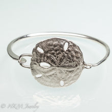 Load image into Gallery viewer, molded and cast real sand dollar cuff bracelet in recycled sterling silver by hkm jewelry