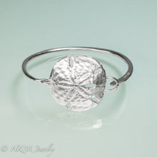 Load image into Gallery viewer, molded and cast real sand dollar cuff bracelet in recycled sterling silver by hkm jewelry