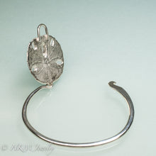 Load image into Gallery viewer, open view of forged molded and cast real sand dollar cuff bracelet in recycled sterling silver by hkm jewelry
