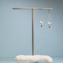Load image into Gallery viewer, Triangle Sharks Teeth Dangle Earrings by hkm jewelry on brass and coral jewelry stand