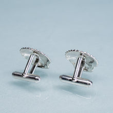 Load image into Gallery viewer, closed hinge back of cast silver scallop shell cufflinks for men's wedding wear by hkm jewelry backside view