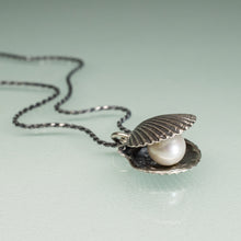 Load image into Gallery viewer, Silver necklace with a shell pendant containing a pearl on a light green background