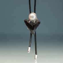 Load image into Gallery viewer, delicate unisex bolo tie with shark tooth fossil and freshwater pearl on thin leather cord