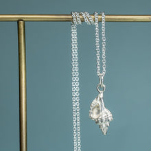 Load image into Gallery viewer, open side back view of s thick-lip drill snail shell necklace cast in sterling silver polished finish by hkm jewelry