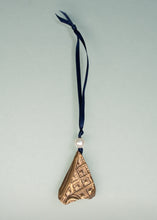 Load image into Gallery viewer, Bronze triangle-shaped ornament with a pearl and blue ribbon on a light gray background