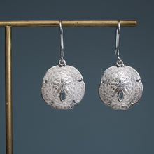 Load image into Gallery viewer, silver sand dollar earrings on brass earring display with dark blue grey background