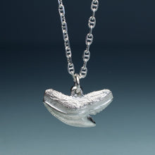 Load image into Gallery viewer, silver shark tooth necklace on anchor chain with teal gradient background