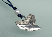 Load image into Gallery viewer, Silver tiger shark tooth ornament with a pearl on a blue cord against a light gray background