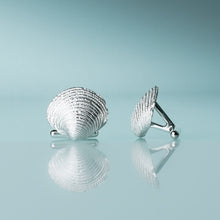 Load image into Gallery viewer, cast silver ridged venus clam shell cufflinks for men's wedding wear by hkm jewelry front and side view