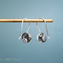 Load image into Gallery viewer, backside of hallmark .925 and HKM stamp on Whelk top drop earrings in recycled sterling silver by hkm jewelry