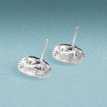 Load image into Gallery viewer, underside of  Recycled Silver Ark Clam Studs - Seashell Earrings - Cockle Clam Shells Sustainable Gift by Hali MacLaren of HKM Jewelry
