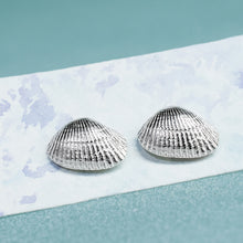 Load image into Gallery viewer,  Recycled Silver Ark Clam Studs - Seashell Earrings - Cockle Clam Shells Sustainable Gift by Hali MacLaren of HKM Jewelry on a watercolor earring card
