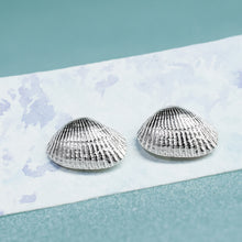 Load image into Gallery viewer,  Recycled Silver Ark Clam Studs - Seashell Earrings - Cockle Clam Shells Sustainable Gift by Hali MacLaren of HKM Jewelry on a watercolor earring card
