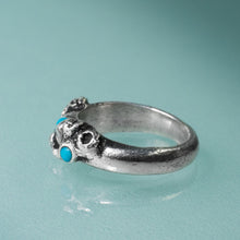 Load image into Gallery viewer, carved and cast sterling silver coral and barnacle ring with sleeping beauty turquoise cabochons by hkm jewelry