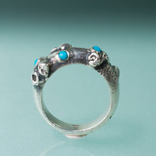 Load image into Gallery viewer, carved and cast sterling silver coral and barnacle ring with sleeping beauty turquoise cabochons by hkm jewelry