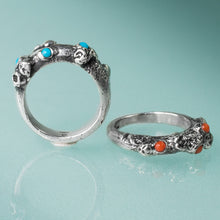 Load image into Gallery viewer, carved and cast sterling silver coral and barnacle ring with sleeping beauty turquoise and red coral cabochons by hkm jewelry