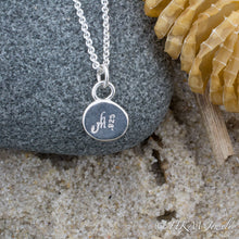 Load image into Gallery viewer, close up back view of makers mark and .925 stamp onmedium size raw cape may diamond necklace in a sterling silver bezel by hkm jewelry