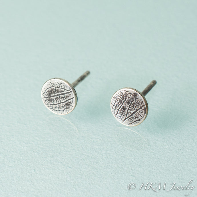 Leaf Printed Silver Stud Earrings by HKM Jewelry