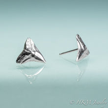 Load image into Gallery viewer, front and side view of bull shark tooth tiny stud earrings in sterling silver by hkm jewelry