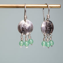 Load image into Gallery viewer, leaf printed roller printed cypress evergreen earrings with green glass beads by hkm jewelry