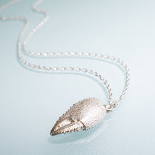 Load image into Gallery viewer, close up cast silver ghost crab claw in recycled silver on anchor chain by hkm jewelry