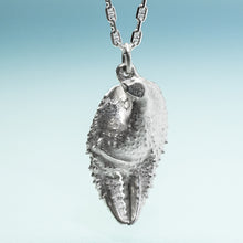 Load image into Gallery viewer, back side view of cast silver ghost crab claw in recycled silver on anchor chain by hkm jewelry
