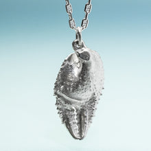 Load image into Gallery viewer, back side view of cast silver ghost crab claw in recycled silver on anchor chain by hkm jewelry