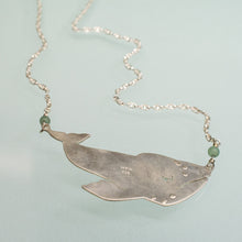 Load image into Gallery viewer, close up of backside view of the grey whale necklace in sterling silver and sea glass with aventurine beads by hkm jewelry
