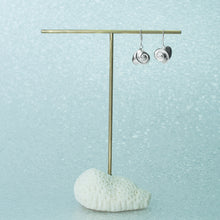 Load image into Gallery viewer, heart of the sea original dangle earrings by hkm jewelry cast from new jersey moon snails on brass display stand