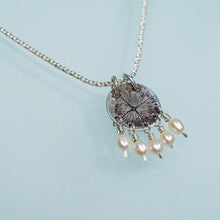 Load image into Gallery viewer, recycled silver hydrangea petal necklace by hkm jewelry with freshwater pearl tassels and bead bail by hali maclaren of hkm jewelry