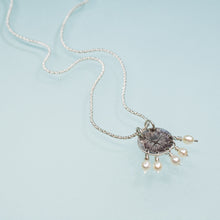 Load image into Gallery viewer, recycled silver hydrangea petal necklace by hkm jewelry with freshwater pearl tassels and bead bail by hali maclaren of hkm jewelry