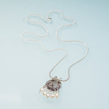 Load image into Gallery viewer, recycled silver hydrangea petal necklace by hkm jewelry with freshwater pearl tassels and bead bail by hali maclaren of hkm jewelry