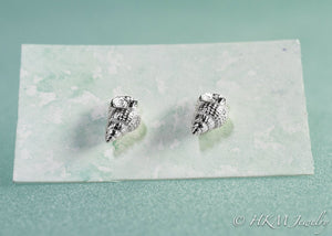 Threeline Mudsnail Studs on HKM Jewelry earring card - Mini Silver Nassa Shell Earrings