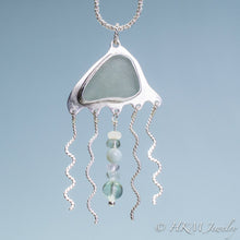 Load image into Gallery viewer, Sea Glass Jellyfish Necklace - Semi Precious Ocean Creature - Silver and Gem Tentacles
