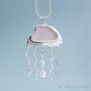 Sea Glass Jellyfish Necklace - Semi Precious Ocean Creature - Silver and Gem Tentacles